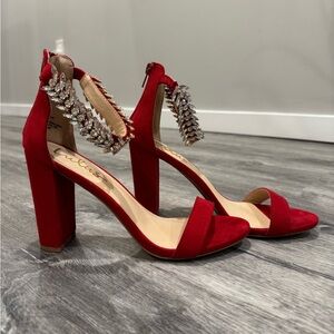 Lulu's Red Suede Embellished Mylan Block Heels size 8.5